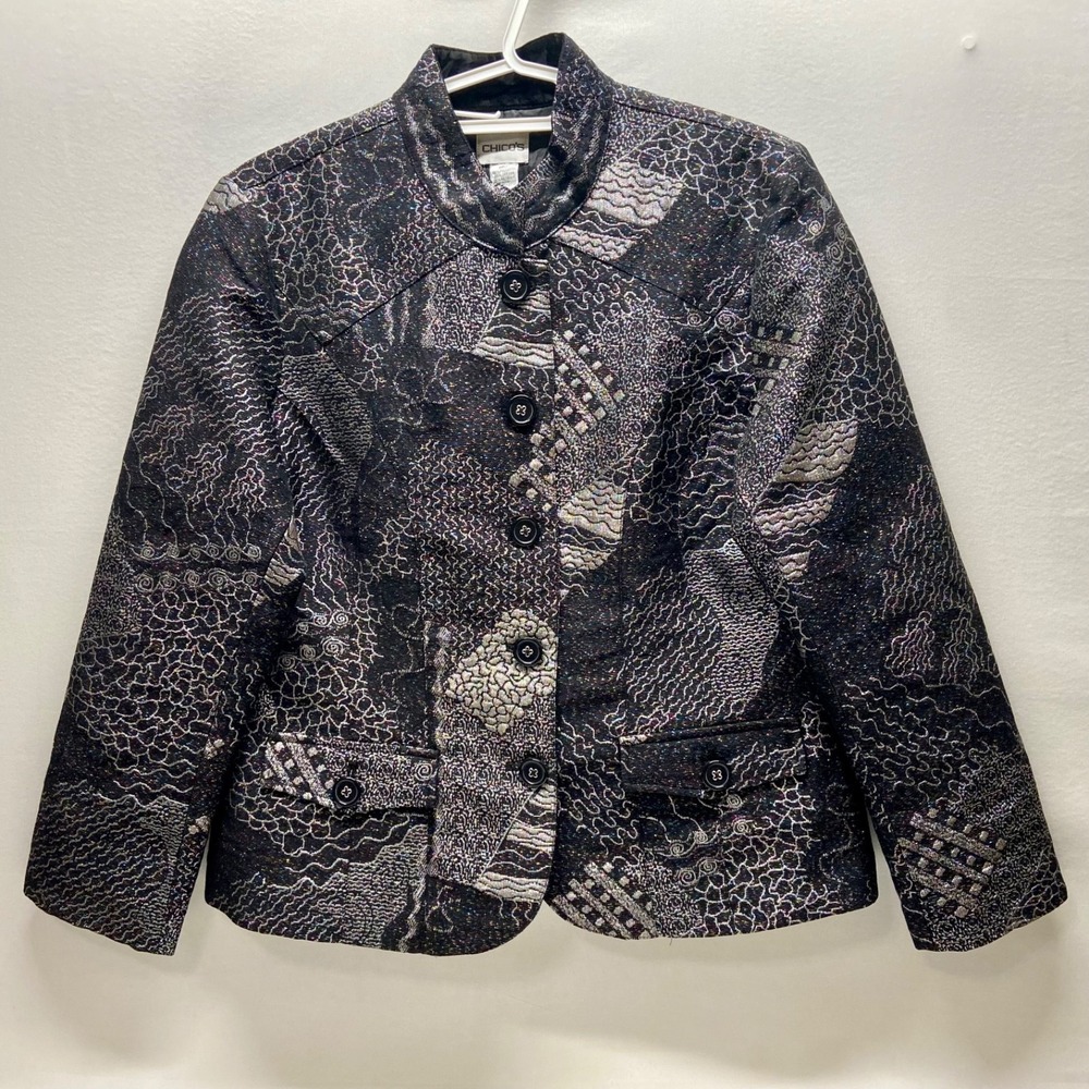 Chico's Jacquard Metallic Jacket Women's Size 1 Button Down Career Casual EUC